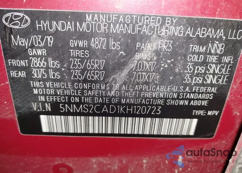 2019 Hyundai Santa Fe Se from USA, damaged, VIN 5NMS2CAD1KH120723